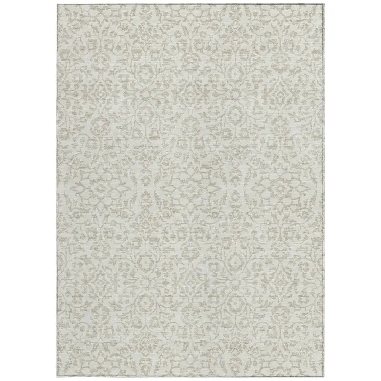8' X 10' Ivory And Beige Damask Washable Indoor Outdoor Area Rug