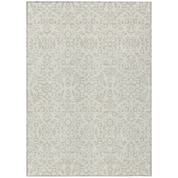 9' X 12' Ivory And Beige Damask Washable Indoor Outdoor Area Rug