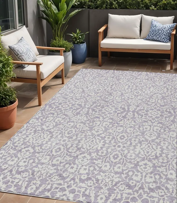 5' X 8' Lavender And Ivory Damask Washable Indoor Outdoor Area Rug