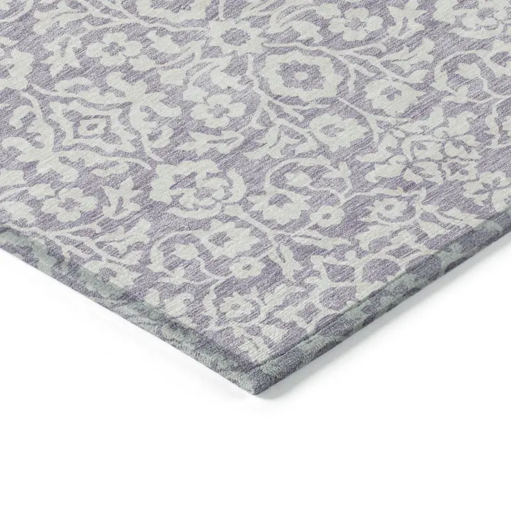 5' X 8' Lavender And Ivory Damask Washable Indoor Outdoor Area Rug