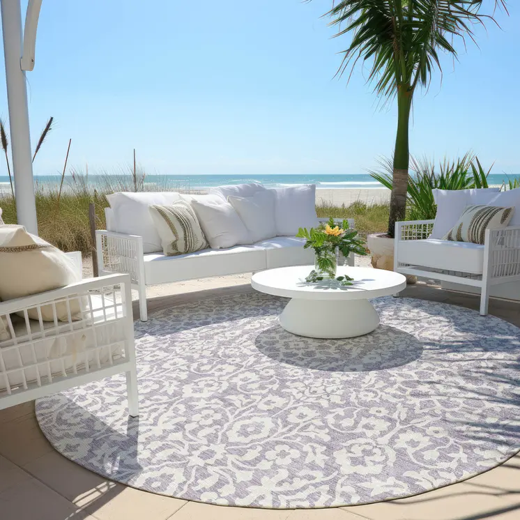 8' Lavender And Ivory Round Damask Washable Indoor Outdoor Area Rug