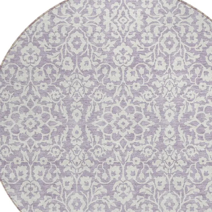 8' Lavender And Ivory Round Damask Washable Indoor Outdoor Area Rug