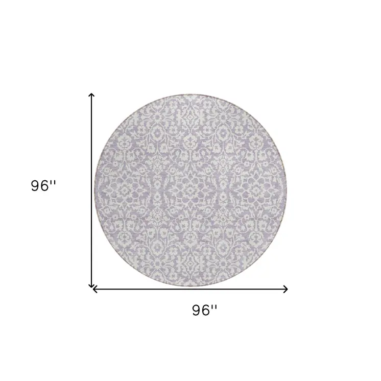 8' Lavender And Ivory Round Damask Washable Indoor Outdoor Area Rug