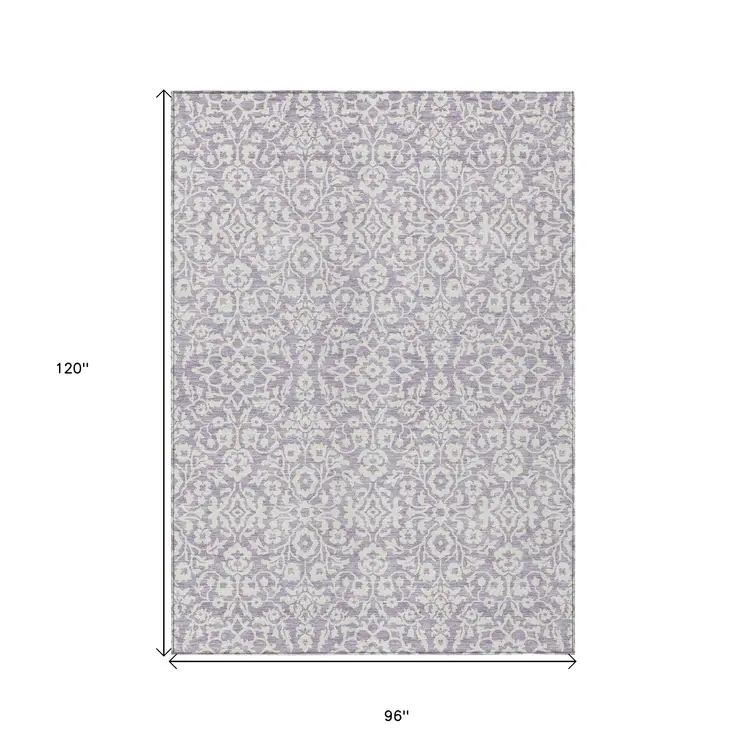 8' X 10' Lavender And Ivory Damask Washable Indoor Outdoor Area Rug