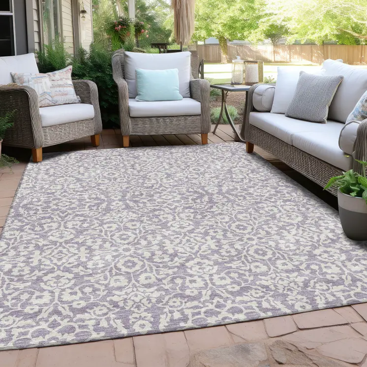 8' X 10' Lavender And Ivory Damask Washable Indoor Outdoor Area Rug