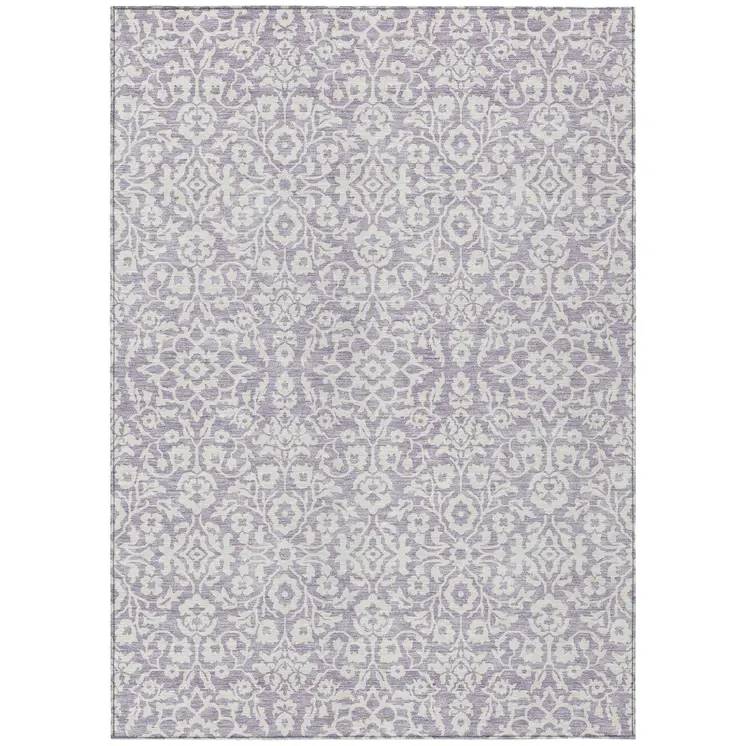 8' X 10' Lavender And Ivory Damask Washable Indoor Outdoor Area Rug