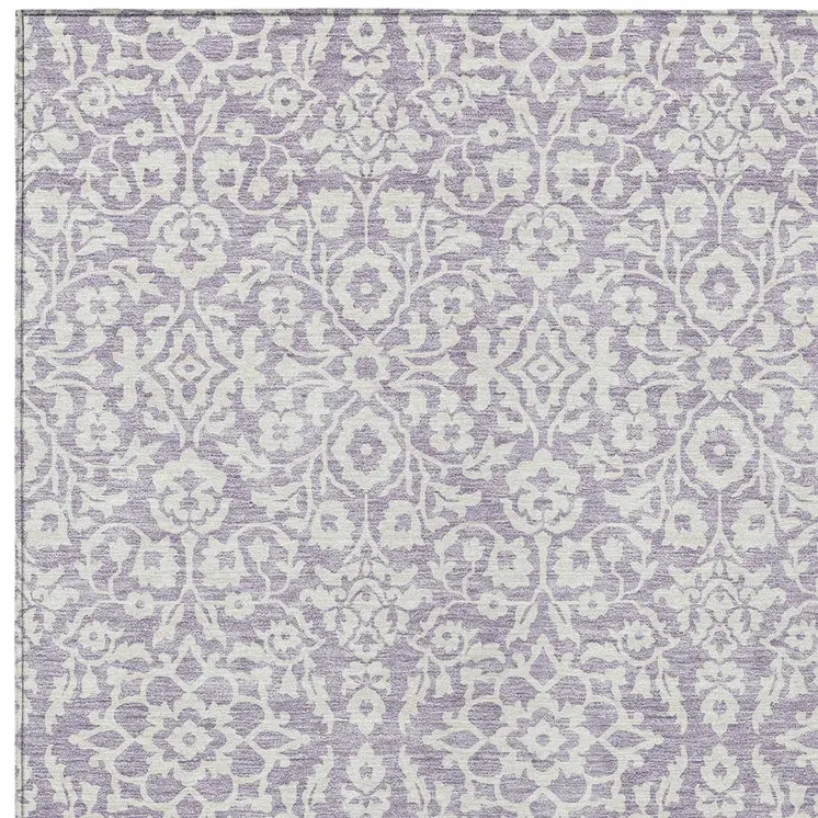 8' X 10' Lavender And Ivory Damask Washable Indoor Outdoor Area Rug