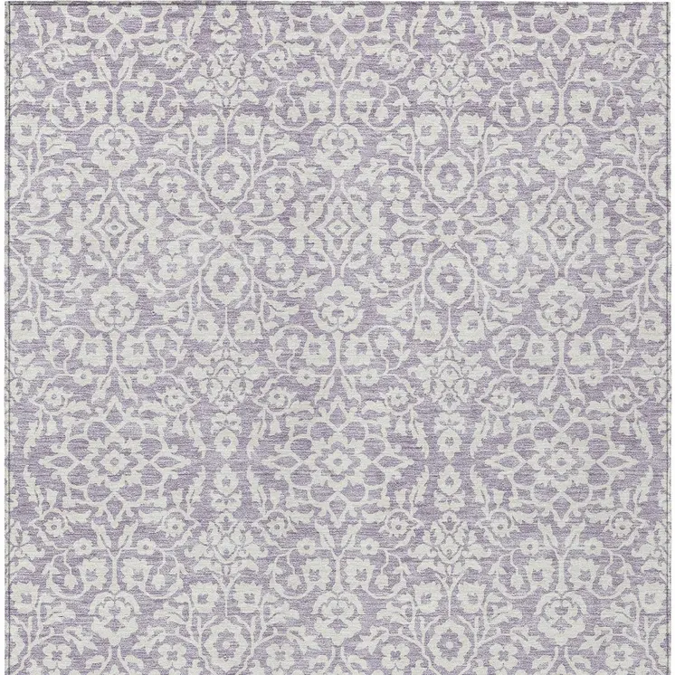 8' X 10' Lavender And Ivory Damask Washable Indoor Outdoor Area Rug
