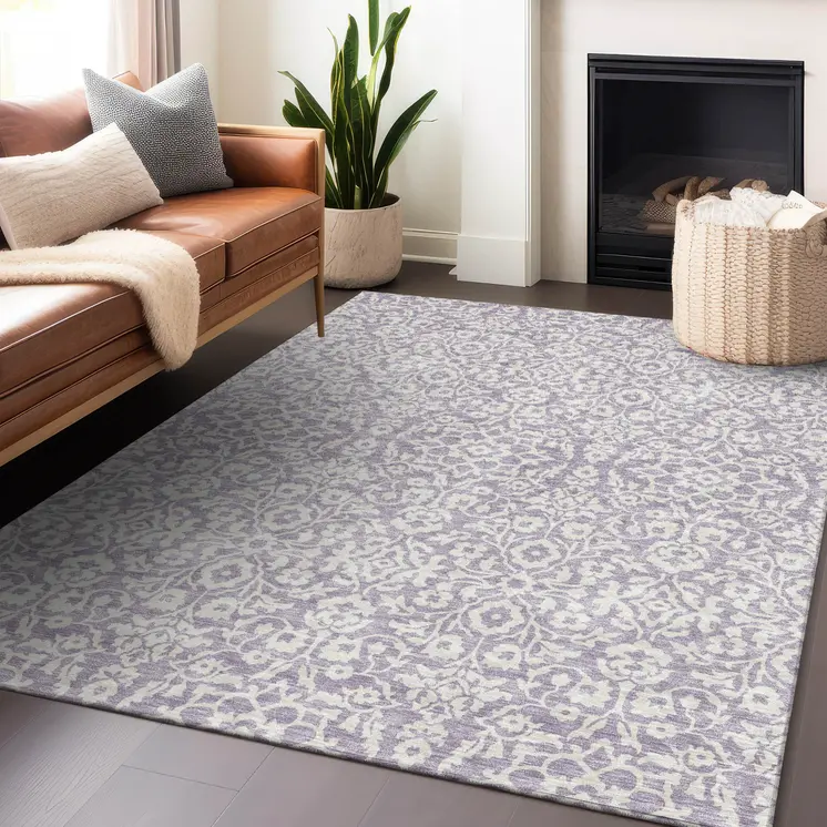 8' X 10' Lavender And Ivory Damask Washable Indoor Outdoor Area Rug