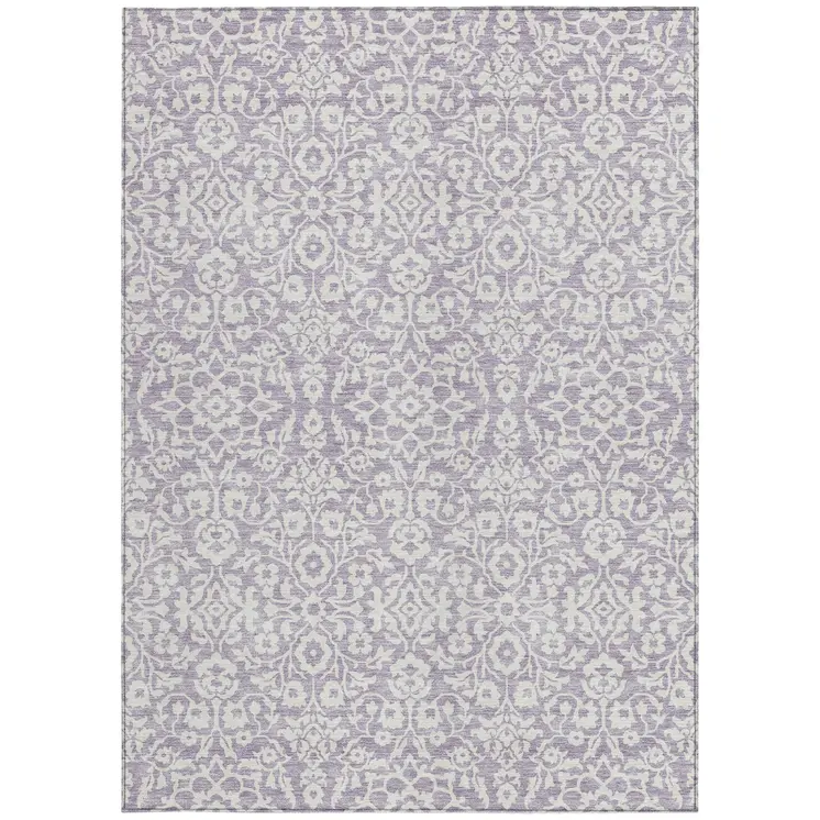 10' X 14' Lavender And Ivory Damask Washable Indoor Outdoor Area Rug