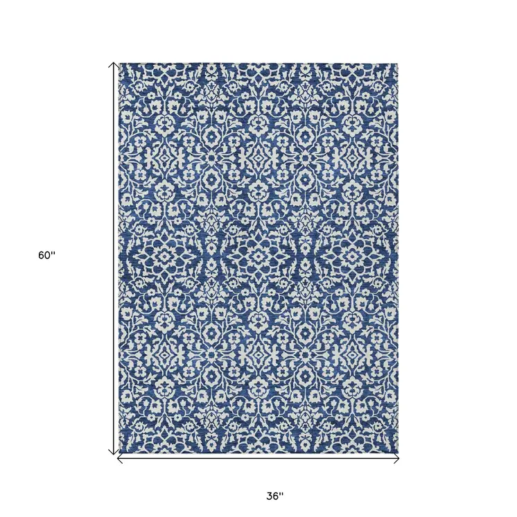 3' X 5' Navy Blue And Ivory Damask Washable Indoor Outdoor Area Rug