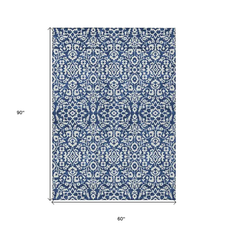 5' X 8' Navy Blue And Ivory Damask Washable Indoor Outdoor Area Rug