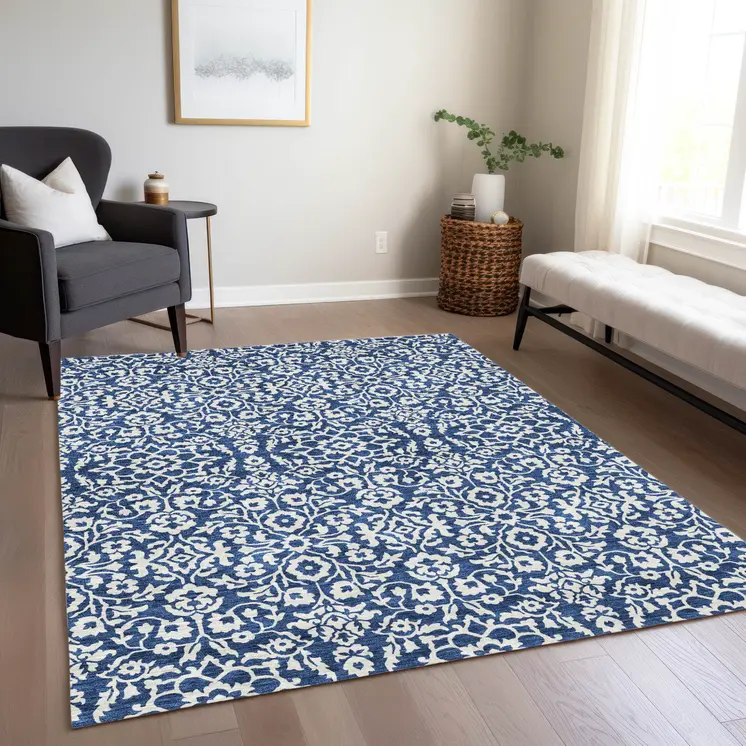 5' X 8' Navy Blue And Ivory Damask Washable Indoor Outdoor Area Rug
