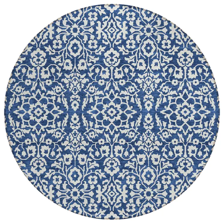 8' Navy Blue And Ivory Round Damask Washable Indoor Outdoor Area Rug