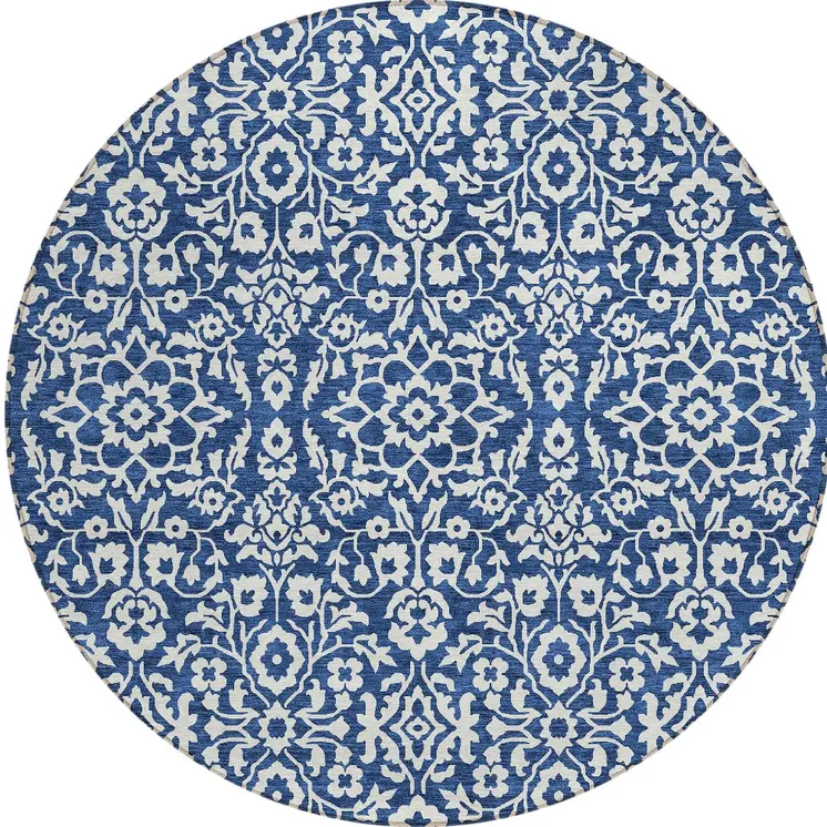 8' Navy Blue And Ivory Round Damask Washable Indoor Outdoor Area Rug