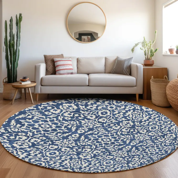 8' Navy Blue And Ivory Round Damask Washable Indoor Outdoor Area Rug