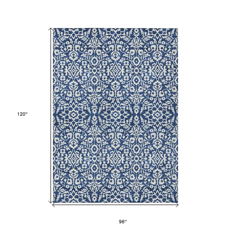 8' X 10' Navy Blue And Ivory Damask Washable Indoor Outdoor Area Rug