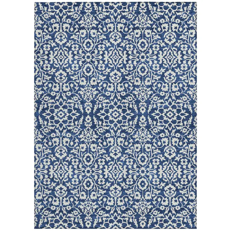 8' X 10' Navy Blue And Ivory Damask Washable Indoor Outdoor Area Rug