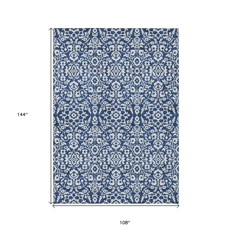 9' X 12' Navy Blue And Ivory Damask Washable Indoor Outdoor Area Rug