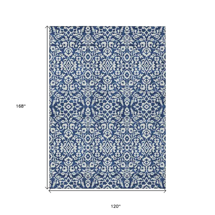 10' X 14' Navy Blue And Ivory Damask Washable Indoor Outdoor Area Rug
