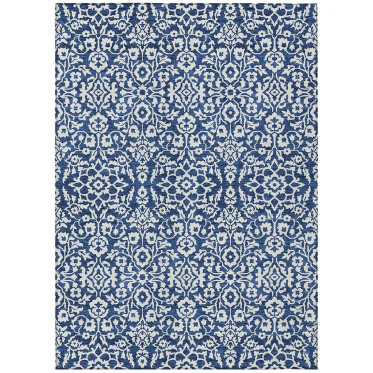 10' X 14' Navy Blue And Ivory Damask Washable Indoor Outdoor Area Rug