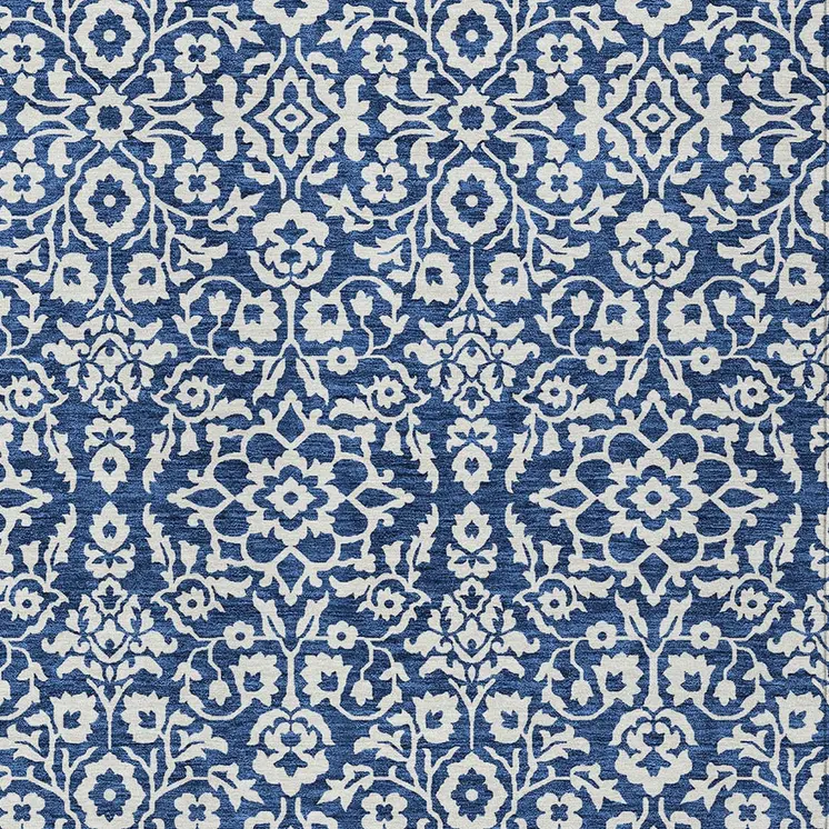 10' X 14' Navy Blue And Ivory Damask Washable Indoor Outdoor Area Rug