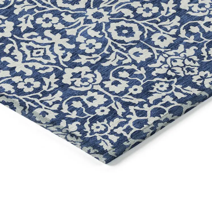 10' X 14' Navy Blue And Ivory Damask Washable Indoor Outdoor Area Rug