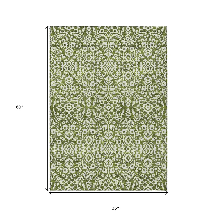 3' X 5' Olive Green And Ivory Damask Washable Indoor Outdoor Area Rug