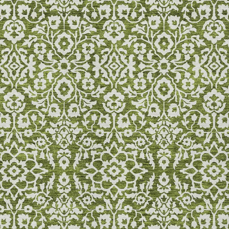 3' X 5' Olive Green And Ivory Damask Washable Indoor Outdoor Area Rug