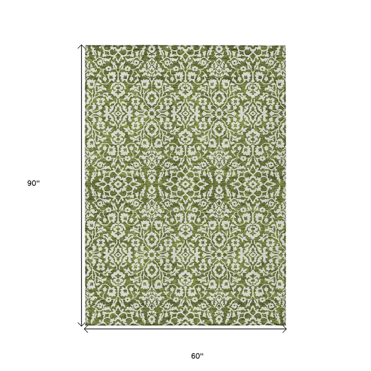 5' X 8' Olive Green And Ivory Damask Washable Indoor Outdoor Area Rug