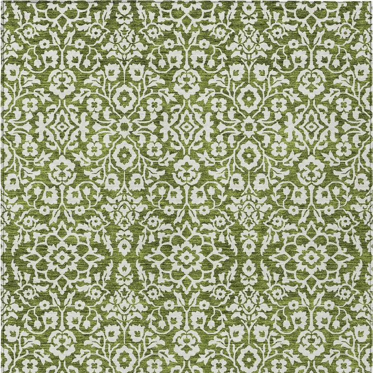 5' X 8' Olive Green And Ivory Damask Washable Indoor Outdoor Area Rug