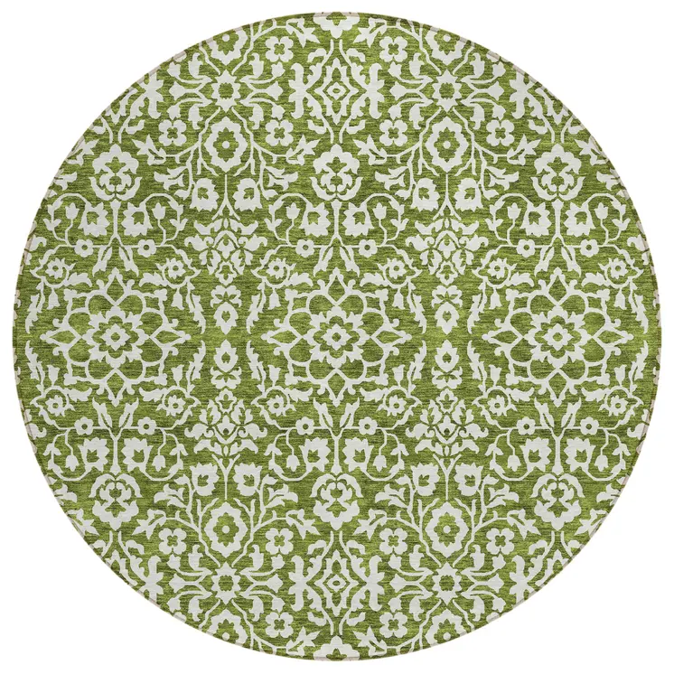 8' Olive Green And Ivory Round Damask Washable Indoor Outdoor Area Rug