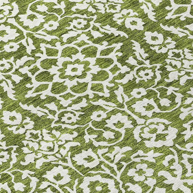 8' Olive Green And Ivory Round Damask Washable Indoor Outdoor Area Rug