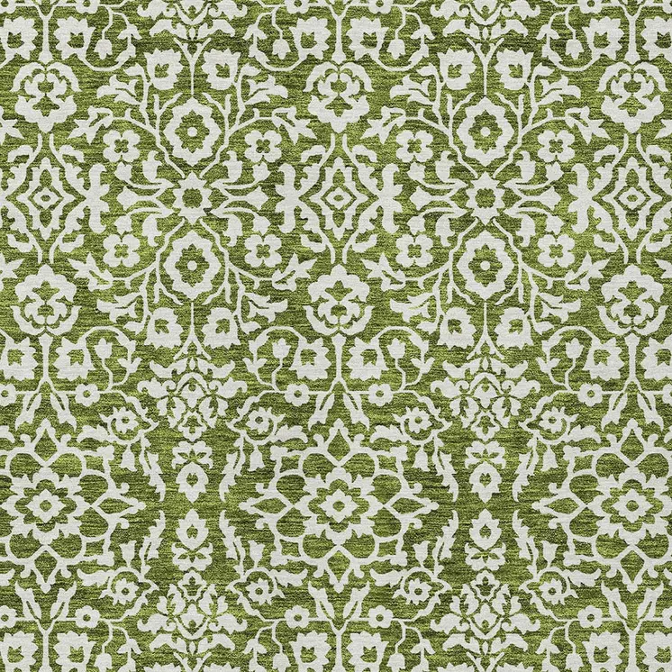 9' X 12' Olive Green And Ivory Damask Washable Indoor Outdoor Area Rug