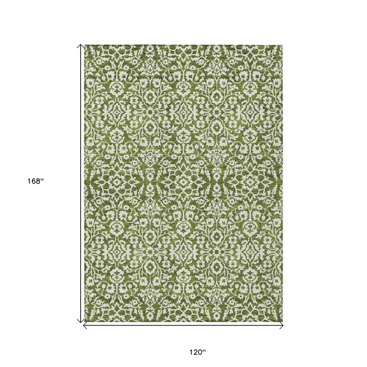 10' X 14' Olive Green And Ivory Damask Washable Indoor Outdoor Area Rug