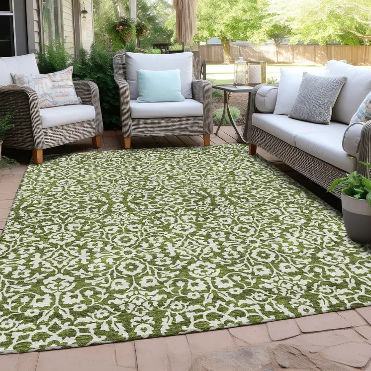 10' X 14' Olive Green And Ivory Damask Washable Indoor Outdoor Area Rug
