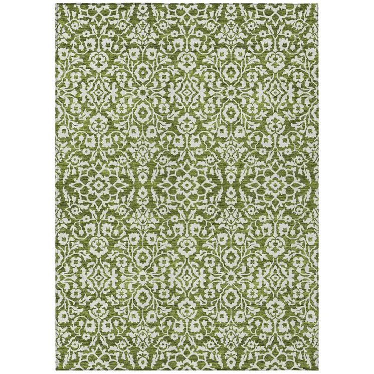 10' X 14' Olive Green And Ivory Damask Washable Indoor Outdoor Area Rug