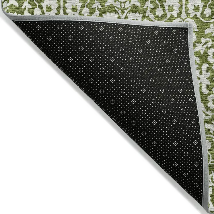 10' X 14' Olive Green And Ivory Damask Washable Indoor Outdoor Area Rug