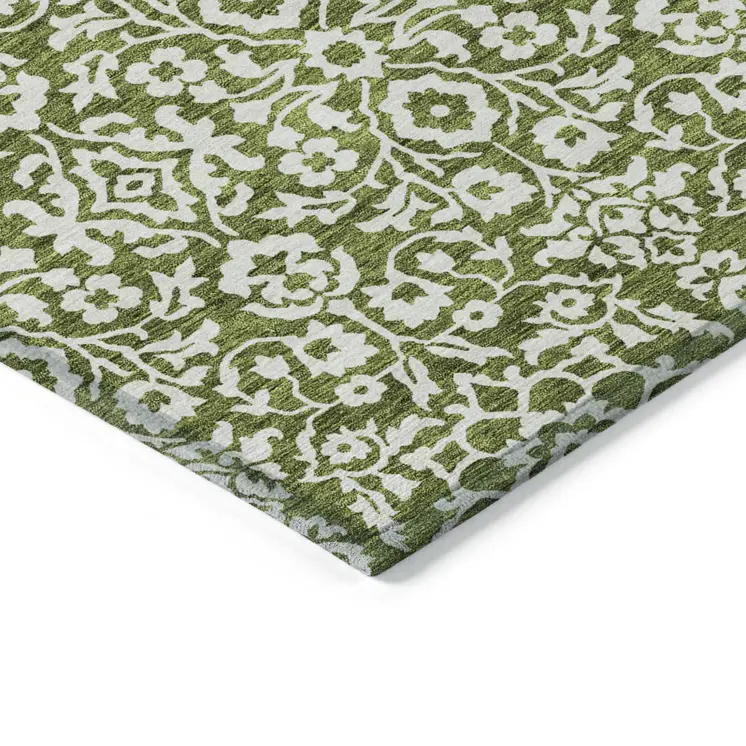 10' X 14' Olive Green And Ivory Damask Washable Indoor Outdoor Area Rug