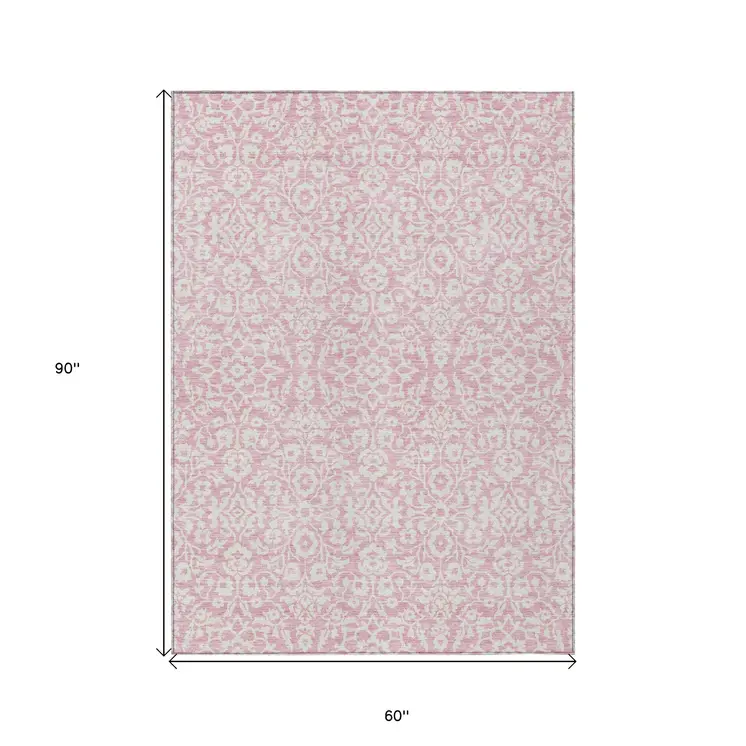 5' X 8' Pink And Ivory Damask Washable Indoor Outdoor Area Rug