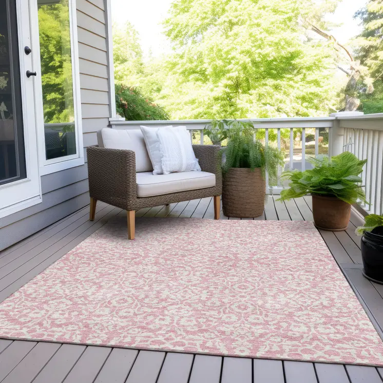 5' X 8' Pink And Ivory Damask Washable Indoor Outdoor Area Rug