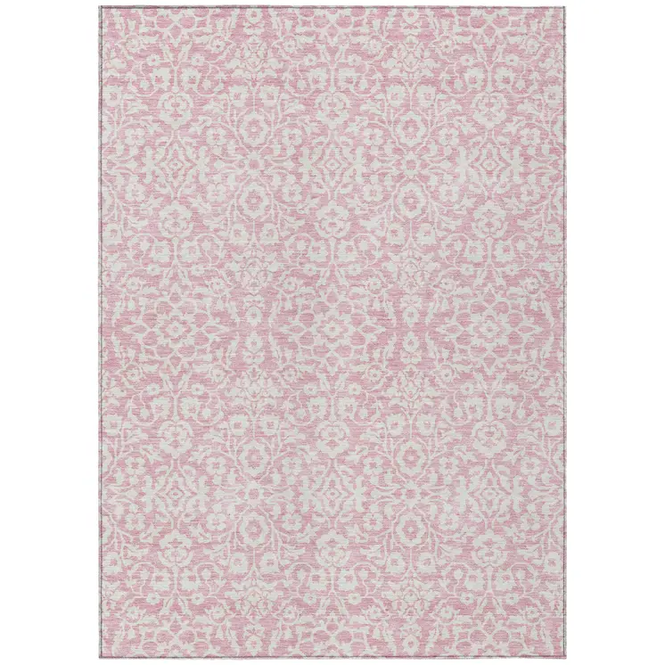 5' X 8' Pink And Ivory Damask Washable Indoor Outdoor Area Rug