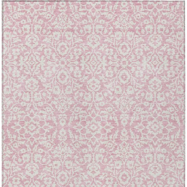 5' X 8' Pink And Ivory Damask Washable Indoor Outdoor Area Rug