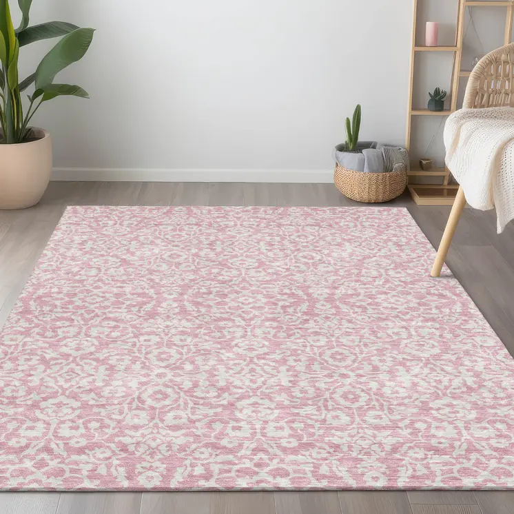 5' X 8' Pink And Ivory Damask Washable Indoor Outdoor Area Rug