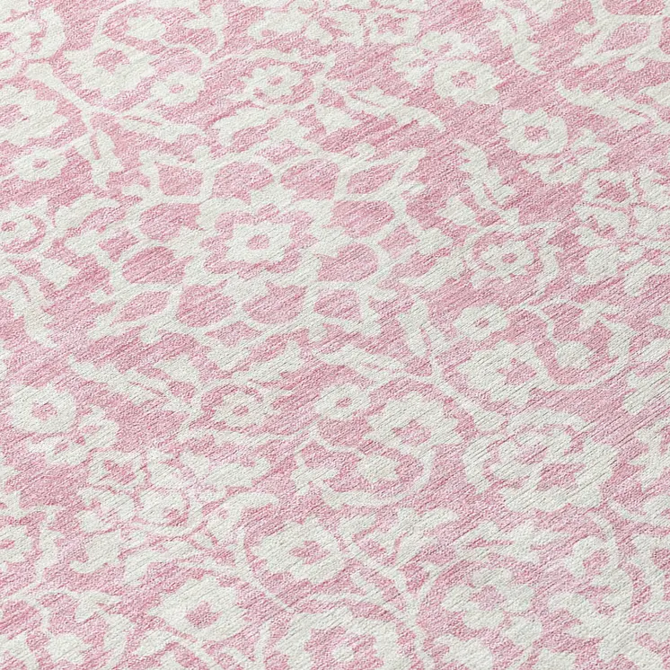 8' Pink And Ivory Round Damask Washable Indoor Outdoor Area Rug