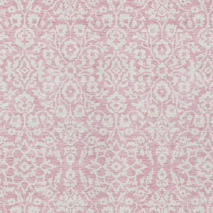 10' X 14' Pink And Ivory Damask Washable Indoor Outdoor Area Rug