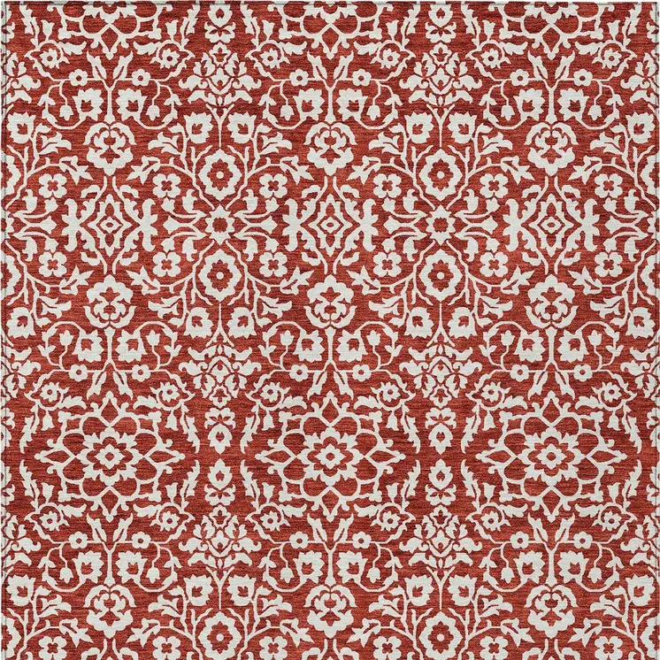 3' X 5' Red And Ivory Damask Washable Indoor Outdoor Area Rug