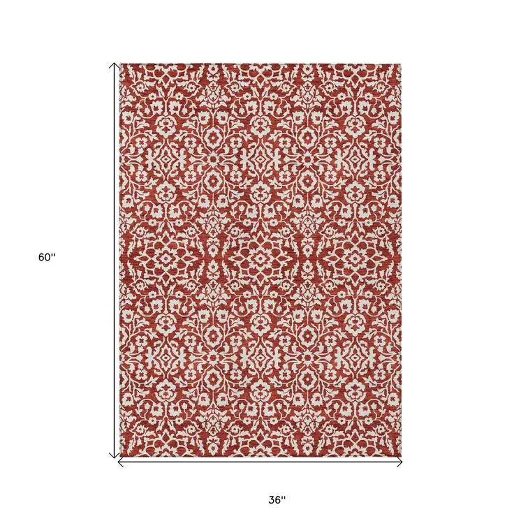 3' X 5' Red And Ivory Damask Washable Indoor Outdoor Area Rug