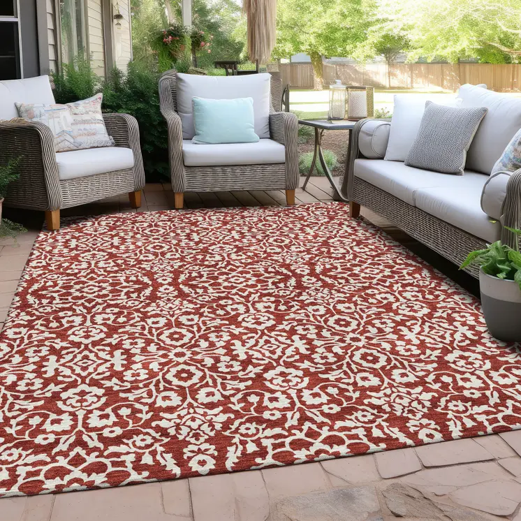 3' X 5' Red And Ivory Damask Washable Indoor Outdoor Area Rug