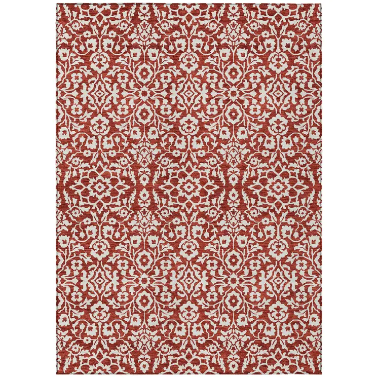 3' X 5' Red And Ivory Damask Washable Indoor Outdoor Area Rug
